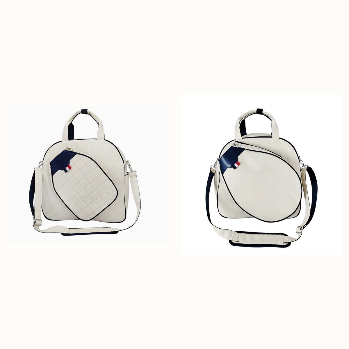CourtRoo colour-block racket bag — pickleball cut (left) and tennis cut (right)