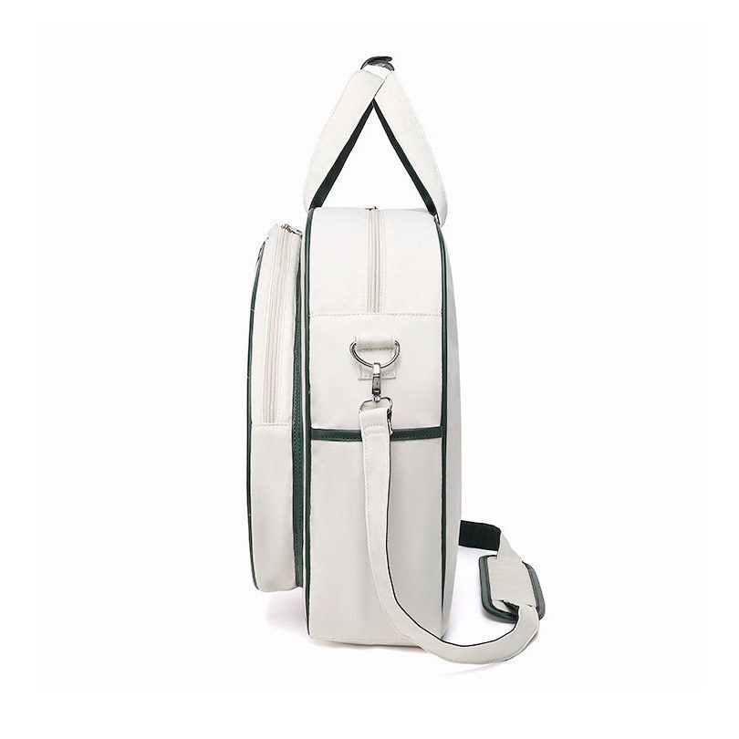 Colour-block racket bag — side profile with shoulder strap