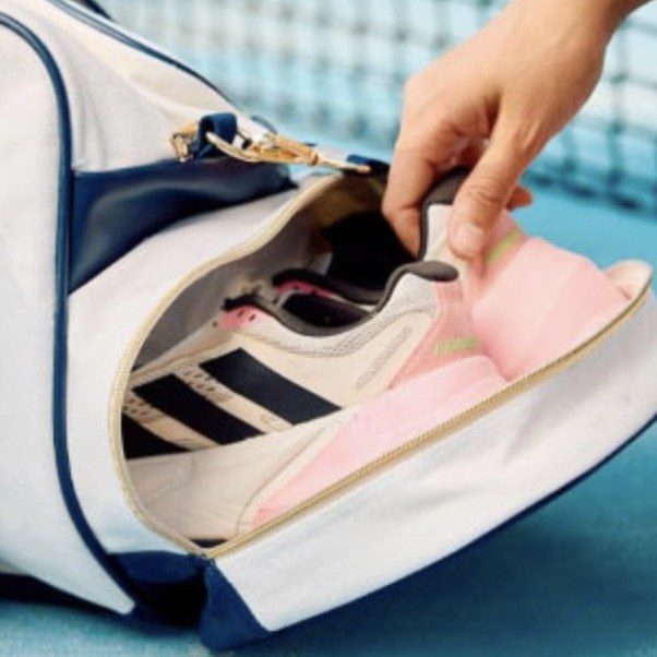 Pickleball duffel — shoe garage open with court shoes
